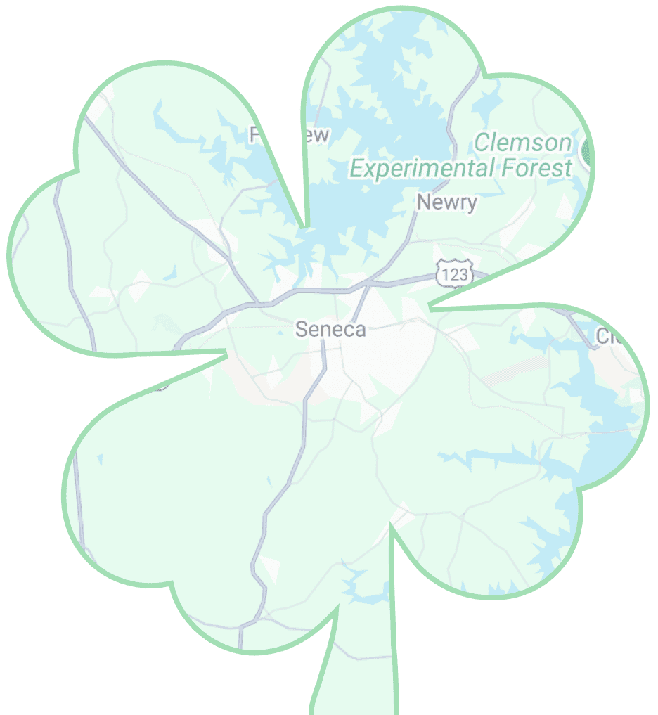 A map of Seneca, South Carolina, overlaid within the outline of a green shamrock—a nod to Clover Roofing rooted in the heart of South Carolina.