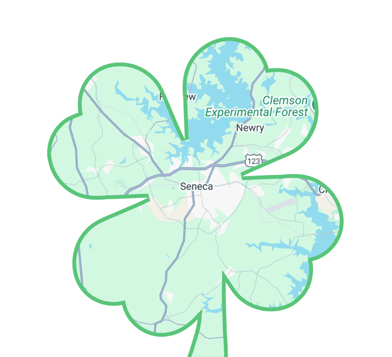 A map of Seneca, South Carolina and surrounding areas shown within the shape of a four-leaf clover outline—a unique design inspired by the spirit of Clover Roofing and local charm.