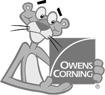 Cartoon panther holding a sign with the Owens Corning logo, representing Clover Roofing in South Carolina.