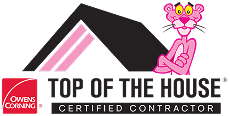 Logo with a pink panther cartoon next to a stylized black roof, and text: "Owens Corning Top of the House Certified Contractor.